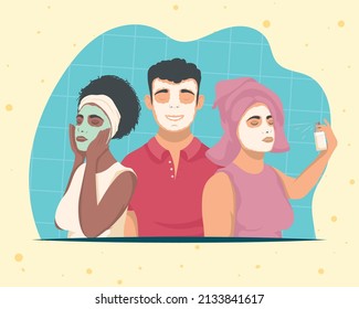 three persons with skicare masks characters