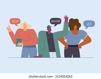 three persons with speech bubble characters