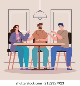 three persons talking in table