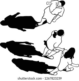  The three persons walk in opposite ways on the street with front and back shadow top view.
