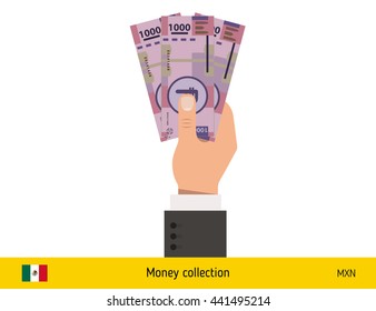 Three peso in hand. Mexican peso banknote vector illustration.