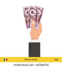 Three peso in hand. Mexican peso banknote vector illustration.