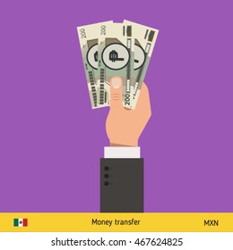 Three peso in hand. Mexican peso banknote vector illustration.