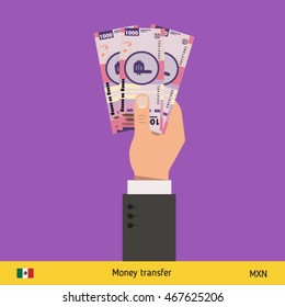 Three peso in hand. Mexican peso banknote vector illustration.
