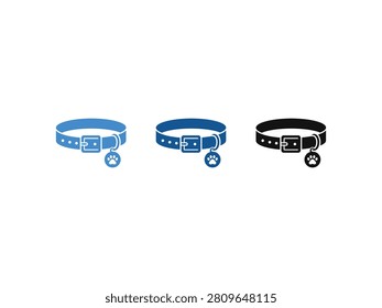 Three pet collars in blue and black with paw print tags attached