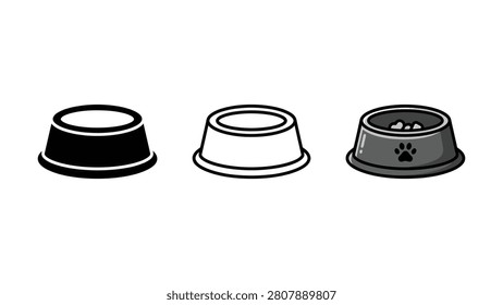 Three pet food bowls in different colors and designs for animals petcare