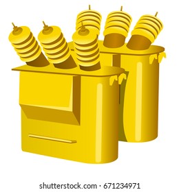 Three phase electric transformer isolated on a white background. Cartoon vector close-up illustration.