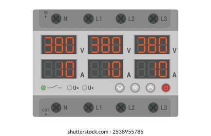 Relé de monitoramento de tensão trifásico para montagem de trilhos DIN. Ilustração vetorial isolada no plano de fundo branco