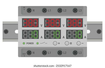 Relé de tensão trifásico montado em um trilho DIN. Dispositivo automático de proteção contra subtensão e sobretensão. Ilustração vetorial isolada no plano de fundo branco