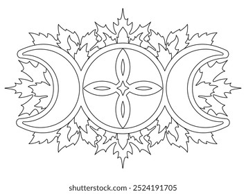 Tres fases de la luna, símbolo de la diosa y hojas - imagen lineal de Vector para colorear. Esquema. Luna creciente, llena y menguante y símbolo celta para el libro para colorear