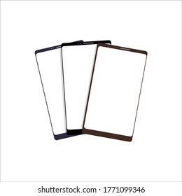 Three phones with a blank, blank screen, isolated on a white background. Concept: different models, comparison, choice of the best. Vector illustration, flat cartoon design, eps 10.