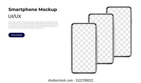 Three phones in a row realistic smartphone template mockup for user experience presentation. Stylish concept design for websites, applications and landing pages.