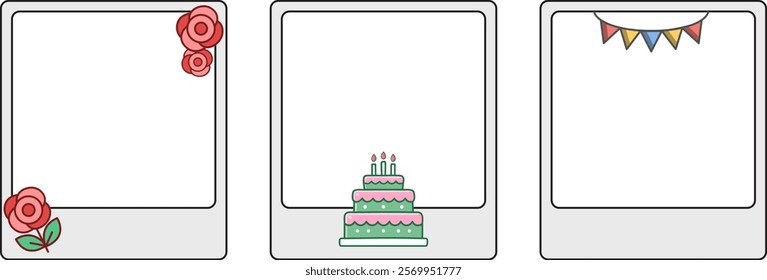 Three Photo card frames with roses, cake and garland