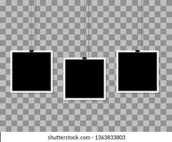 Three photo frames hanging on a clip. Vector illustration
