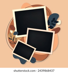 Three photo frames modern template with modern contemporary hand draw abstract shapes with leaves for presentations or landing page 