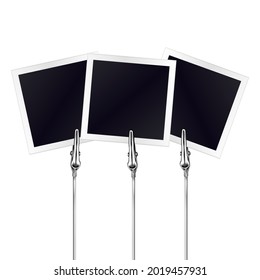 Three photo frames on a metal memo holders clips. Photos, memories card on wire silver clamps over white background. Photo album. Vector illustration
