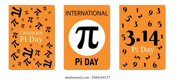 Three Pi Day celebration posters with mathematical symbols, numbers, and typography on an orange background representing March 14.