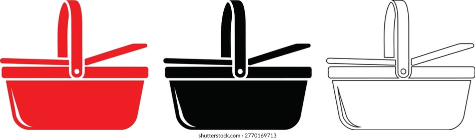 Three picnic baskets in red, black, and white are depicted as simple silhouettes, showcasing varying designs and handle styles.