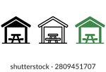 Three picnic shelters with tables in different colors on white background
