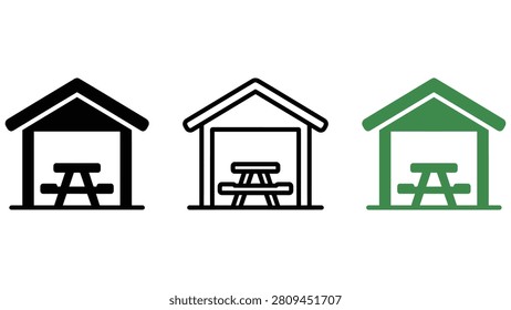 Three picnic shelters with tables in different colors on white background