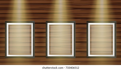 Tres marcos de imagen en una ilustración de tablero de madera