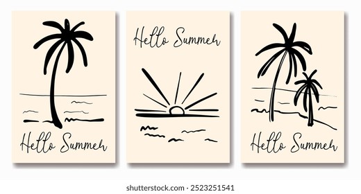 Three pictures of a beach with a palm tree and a sunset. The words "hello summer" are written on the bottom of each picture