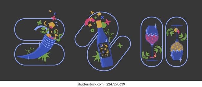 Three pictures representing a cow horn, a bottle of wine and wine glasses with cosmic label and colourful bubbles, concept of producing biodynamic natural wines