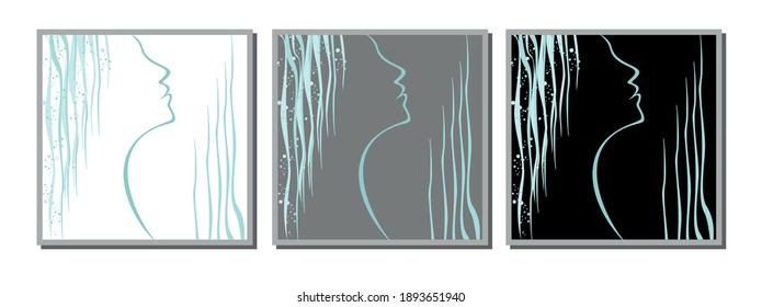 three pictures of the turquoise color of the profile of the girl's face on a contrasting and white background
