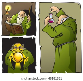 Three pictures of wizards, enchanting, casting spell, looking at the magic sphere, vector illustration