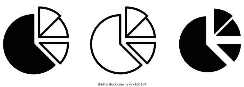 Three pie chart icons in black and white for data analysis and infographics