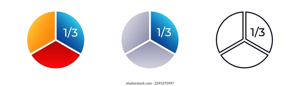 Three pie chart variations show distinct color schemes, each divided into equal one-third sections.