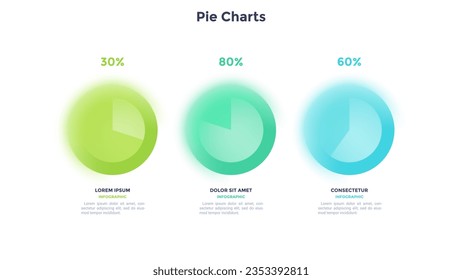 Three pie diagrams with percent indication. Concept of comparison of progress of 3 business projects. Minimal infographic design template. Modern flat vector illustration for information analysis.