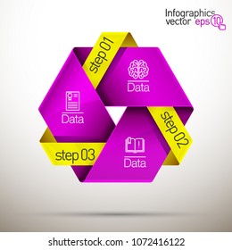 Three piece flat puzzle round infographic presentation. 3 step circle business diagram. Three section compare service banner. Vector illustration template shape . 3d Abstract Background