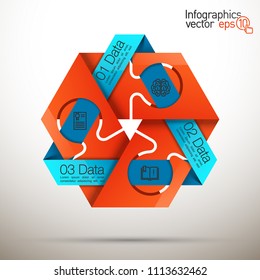 Three piece flat puzzle round infographic presentation. 3 step circle business diagram. Three section compare service banner. Vector illustration template shape . 3d Abstract Background