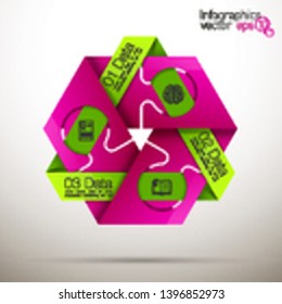 Three piece flat puzzle round infographic presentation. 3 step circle business diagram. Three section compare service banner. Vector illustration template shape . 3d Abstract Background