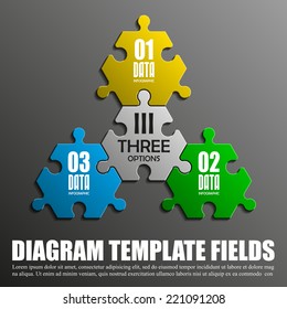 Three piece flat puzzle round infographic presentation. 3 step circle business diagram. Three section compare service banner. Vector illustration template shape . 3d Abstract Background
