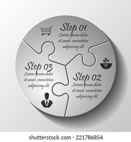 Three piece flat puzzle round infographic presentation. 3 step circle business diagram. Three section compare service banner. Vector illustration template shape . 3d Abstract Background