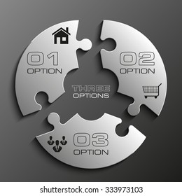 Three piece flat puzzle round infographic presentation. 3 step circle business diagram. Three section compare service banner. Vector illustration template shape . 3d Abstract Background
