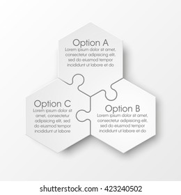 Three piece flat puzzle round infographic presentation. 3 step circle business diagram. Three section compare service banner. Vector illustration template shape . 3d Abstract Background