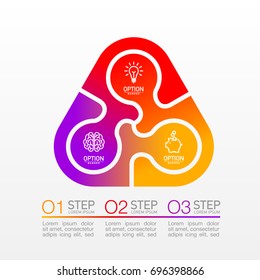 Three piece flat puzzle round infographic presentation. 3 step circle business diagram. Three section compare service banner. Vector illustration template shape . 3d Abstract Background