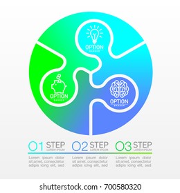Three piece flat puzzle round infographic presentation. 3 step circle business diagram. Three section compare service banner. Vector illustration template shape . 3d Abstract Background