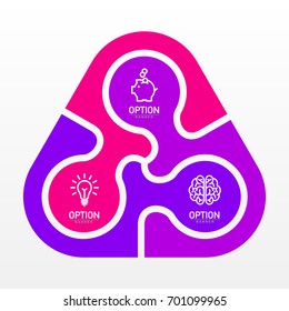 Three piece flat puzzle round infographic presentation. 3 step circle business diagram. Three section compare service banner. Vector illustration template shape 