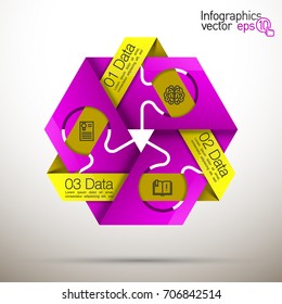 Three piece flat puzzle round infographic presentation. 3 step circle business diagram. Three section compare service banner. Vector illustration template shape . 3d Abstract Background
