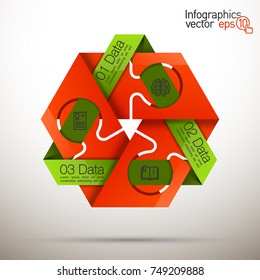Three piece flat puzzle round infographic presentation. 3 step circle business diagram. Three section compare service banner. Vector illustration template shape . 3d Abstract Background