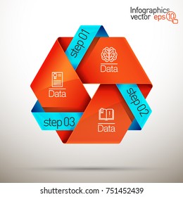 Three piece flat puzzle round infographic presentation. 3 step circle business diagram. Three section compare service banner. Vector illustration template shape . 3d Abstract Background