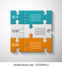 Three piece puzzle business presentation. Circle infograph. 3 step process diagram. Three section compare banner. Square schedule diagram
