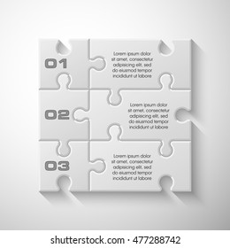 Three piece puzzle business presentation. Circle infograph. 3 step process diagram. Three section compare banner. Square schedule diagram
