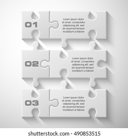 Three piece puzzle business presentation. Circle infograph. 3 step process diagram. Three section compare banner. Square schedule diagram