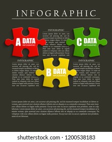 Three piece puzzle presentation. Abstract puzzle 3d business infographic template explanatory text field business statistics. Vector 3 pieces puzzles illustration. Section three compare service banner