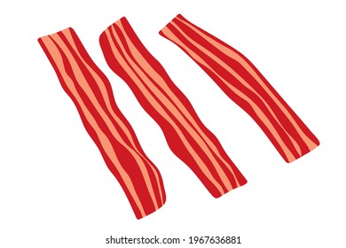 Three pieces of bacon. Top view offried bacon strips. Vector illustration isolated on white background. Flat design style for menu, cafe, restaurant, poster, banner, emblem, sticker.